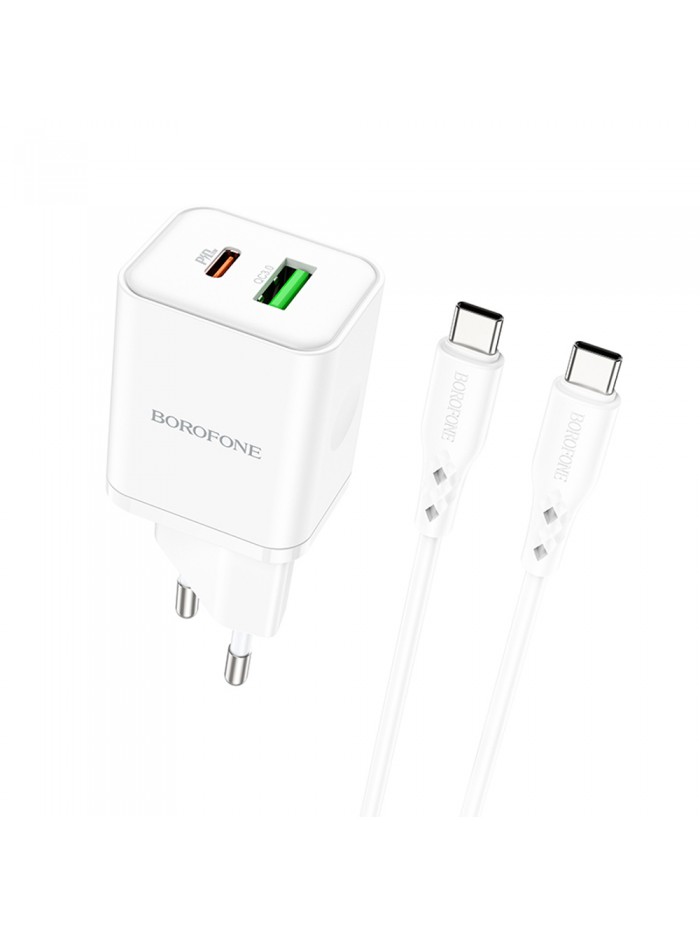 BOROFONE .Chargeur mural BN7 - USB + TYPE C - QC 3.0 PD 20W +câble Type-C/Type-C -Blanc