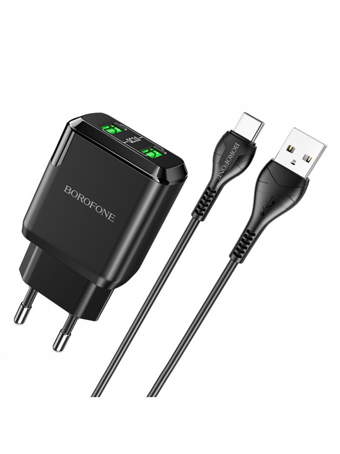 BOROFONE ,Chargeur mural BN6 CHARMER - 2XUSB - QC 3.0 18W 3A WITH USB TO TYPE C CABLE BLACK