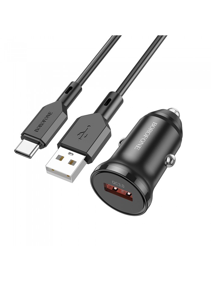 BOROFONE ,Chargeur voiture BZ18 - USB -18W  + Câble USB /Type-C -Noir