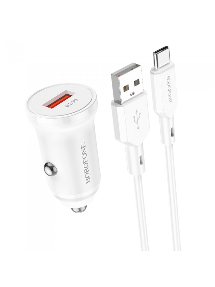 BOROFONE ,Chargeur voiture BZ18 - USB -18W  + Câble USB /Type-C -Blanc