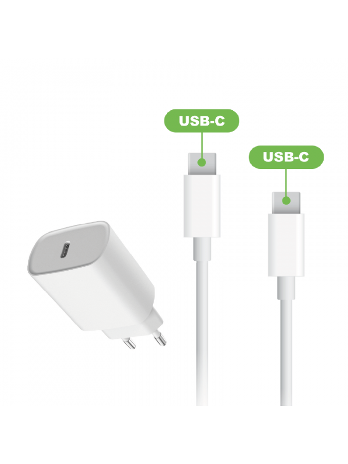 Pack Chargeur Secteur Port USB-C 20W + Cable USB-C vers USB-C