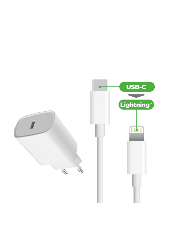 Pack Chargeur Secteur Port USB-C 20W + Cable USB-C vers Lightning